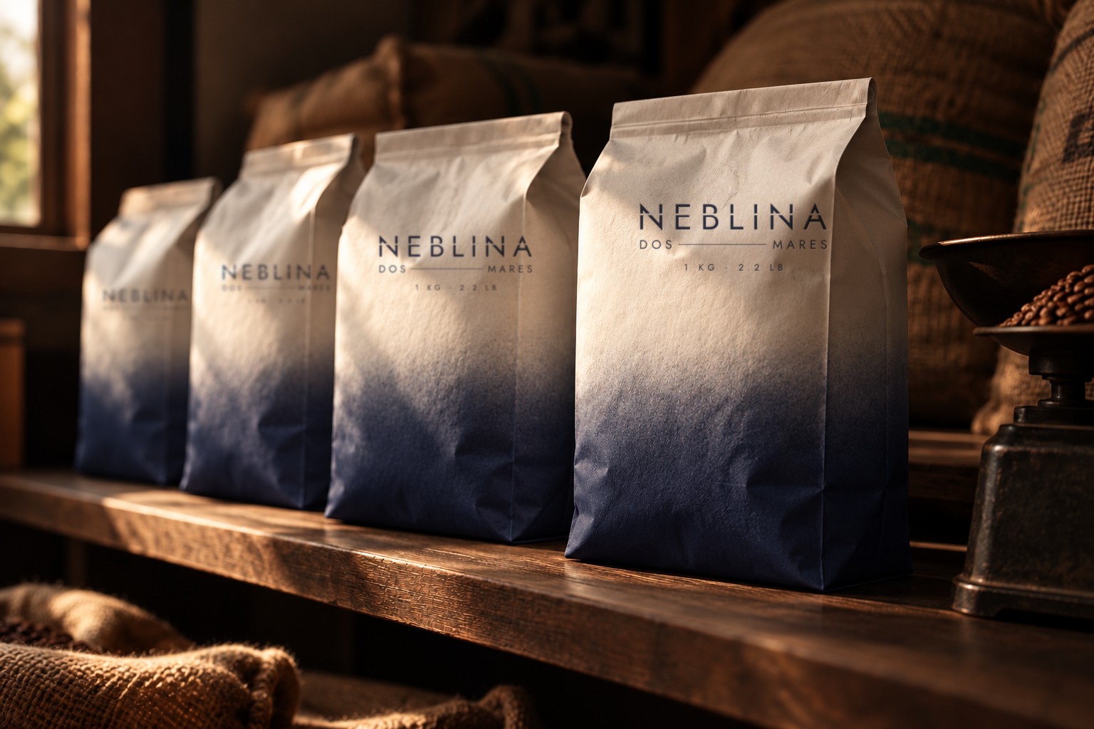Bolsas de 1 kg de café Neblina en el estante de un tostador