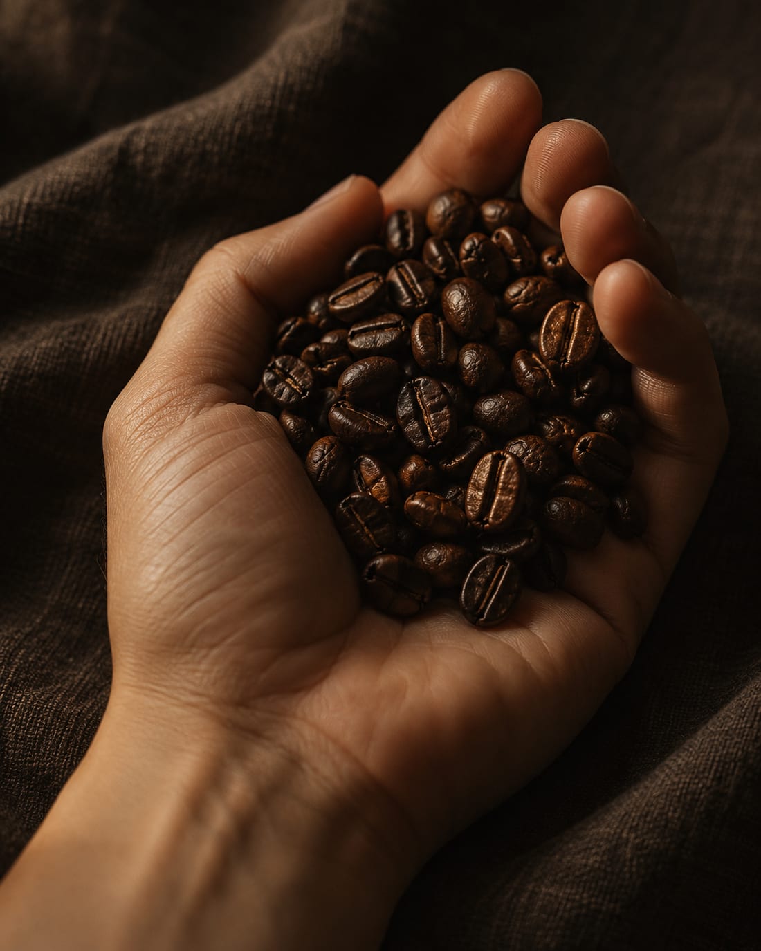 Mano con granos de café recién tostado