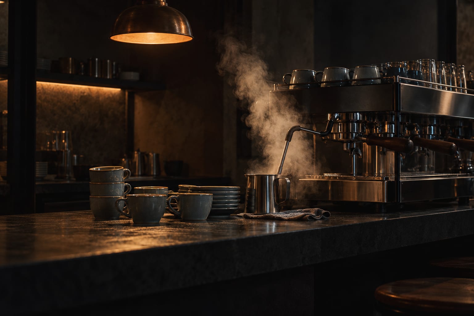 Barra de café en piedra oscura con máquina de espresso, vapor y tazas azul gris